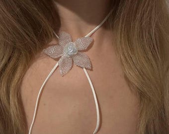 White Beaded Flower Choker Necklace