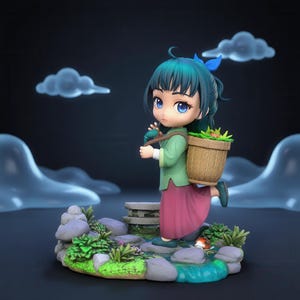 May include: A chibi-style figurine of a character with teal hair and a blue ribbon, wearing a green tunic and a long pink skirt. The character carries a woven basket on their back and stands on a base featuring gray stones, green plants, and a small koi fish.