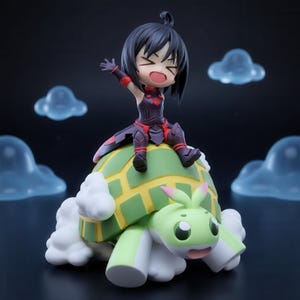 May include: A chibi-style figurine featuring a character with short black hair and a dark outfit with red accents, sitting atop a large green and yellow turtle. The turtle has light green skin, pink-tipped ears, and is surrounded by white clouds.