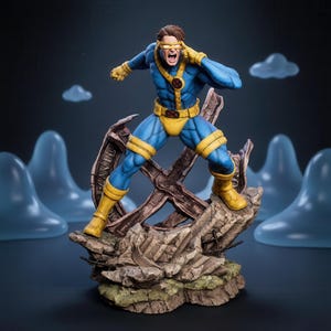 Puede incluir: Una figura detallada de un personaje con traje azul y amarillo y una visera sobre los ojos, en una pose dinámica sobre una base rocosa con una gran estructura en forma de X, un cinturón con un emblema circular rojo y guantes amarillos.