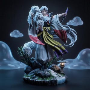 May include: A detailed anime-style figurine of a long-haired character with white hair, wearing a white and black kimono with a yellow sash. The character holds a purple-hilted sword and a large white fur stole, standing on a rocky base with a lantern.