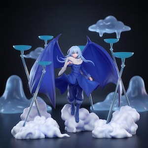May include: A blue-haired anime figure with large dark blue wings, wearing a dark blue coat with a white fur collar, standing amidst white cloud-like bases and thin support rods topped with small blue circular platforms against a dark background.