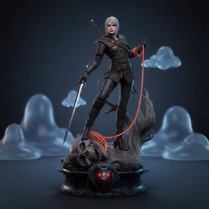 May include: A detailed figurine of a white-haired warrior in dark leather armour, holding a silver sword and an orange rope. The figure stands atop a large skull base with a glowing red emblem, set against a dark background with translucent clouds.