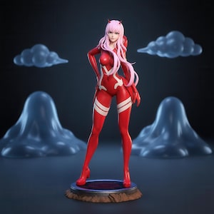 May include: A standing anime-style figurine of a character with long pink hair and small red horns, wearing a form-fitting red bodysuit with white accents. The figure is positioned on a circular base with a dark center and a textured brown edge.