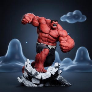 May include: A muscular red-skinned humanoid figure with short black hair, wearing black shorts with a frayed hem, captured in a dynamic punching pose while standing atop a base of jagged, light gray broken concrete rubble and debris.