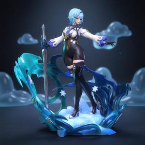 May include: A collectible figurine of a character with short light blue hair, wearing a white and black outfit with blue accents. The figure stands on a translucent blue ice-themed base, holding a tall silver sword, surrounded by swirling blue energy.