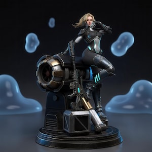 May include: A blonde character figurine in a black and silver tactical suit, leaning against a large cylindrical mechanical device with a gold-toned nozzle. The figure holds a long rifle with blue accents, standing on a circular base with a crate.
