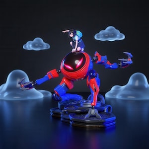 May include: A collectible figurine featuring a character with dark hair and a blue backpack crouching atop a spherical red and blue robot. The robot has glowing red eyes, articulated arms with clawed hands, and stands on a dark, textured base.