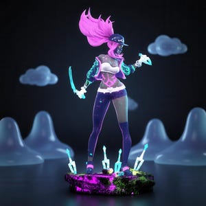 May include: A stylized figurine of a character with vibrant pink hair, wearing a dark baseball cap, a white tube top, and a galaxy-patterned jacket and leggings. The figure holds glowing blue blades and stands on a textured, dark purple base.