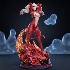 May include: A collectible figurine of a character with long blonde hair in twin tails, wearing a red form-fitting bodysuit with a zipper front and thigh-high boots. The figure stands atop a base decorated with sculpted red roses and flames.
