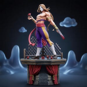 May include: A muscular action figure with long blonde hair and a white mask, wearing purple and yellow pants, a red sash, and gold armbands. The figure holds a red rose and has metal claws on one hand, standing on a stone pedestal with red curtains.