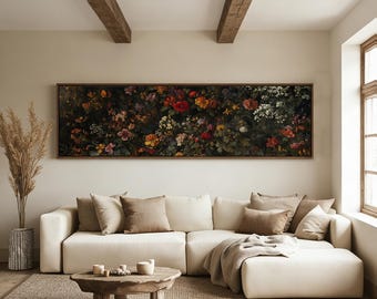 Vintage Floral Wall Art Print, Dark Botanical Oil Painting Poster, Moody Flower Decor, Large Horizontal Wall Art, Gift for Vintage Art Lover