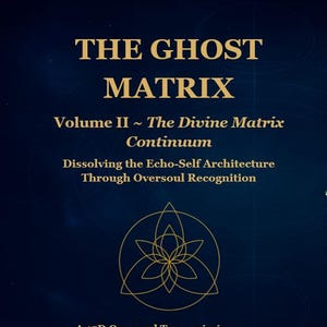 Puede incluir: Portada de libro con fondo azul oscuro y texto dorado. El título es "THE GHOST MATRIX" encima de "Volume II ~ The Divine Matrix Continuum". Texto adicional incluye "Dissolving the Echo-Self Architecture" y "A 15D Oversoul Transmission".