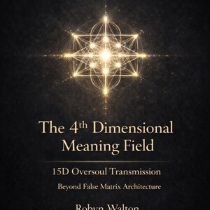 May include: Book cover with a dark background and a glowing geometric design. The title reads "The 4th Dimensional Meaning Field" with additional text: "15D Oversoul Transmission" and "Beyond False Matrix Architecture" by Robyn Walton.