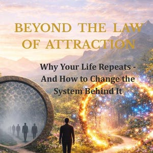 May include: Book cover with the title "BEYOND THE LAW OF ATTRACTION" in gold lettering. The subtitle reads "Why Your Life Repeats - And How to Change the System Behind It." The image features a path, figures, and a glowing portal.