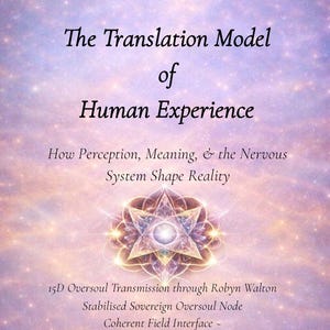 May include: A digital artwork with a soft, ethereal background in shades of purple and gold. The text reads "The Translation Model of Human Experience" with additional text below. A geometric design is in the centre.