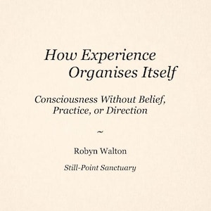 以下が含まれることがあります： 「How Experience Organises Itself」というタイトルが書かれたクリーム色の本の表紙。下には「Consciousness Without Belief, Practice, or Direction」と書かれています。著者はロビン・ウォルトン、出版社はStill-Point Sanctuaryです。