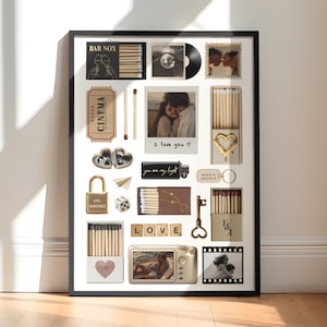 Modelo de pôster editável em formato de caixa de fósforos no Canva – Colagem de fotos personalizada para casais, arte de parede romântica para imprimir.