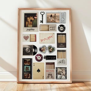 May include: A framed collage featuring various romantic elements. Includes photos, a key, matches, a pool ball, a vinyl record, and playing cards. Text includes "together", "perfect match", "love you!", "you are my light", "BAR NOX", and "EST 14/02/2022".