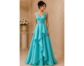 Turquoise A Line Evening Gown, V Neck Formal Dress, Chiffon Ruffle Prom Dress, Sleeveless Gala Maxi, Elegant Wedding Guest Gown
