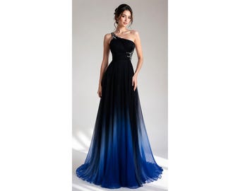 Black Ombre Evening Gown, One Shoulder Prom Dress, Crystal Chiffon Maxi Gown, A Line Gala Outfit, Luxury Wedding Guest Attire