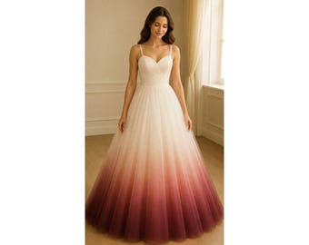 Abito da ballo in tulle sfumato, abito formale avorio bordeaux, abito da ballo da principessa con spalline sottili, elegante abito lungo da invitata a un matrimonio