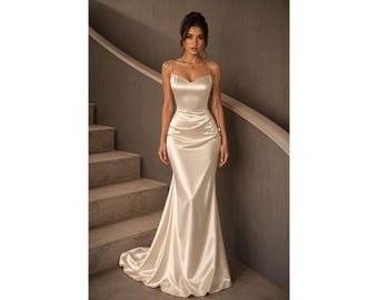 Ivory Satin Wedding Dress, Mermaid Bridal Gown, Spaghetti Strap Bride Dress, Elegant Minimalist Reception Gown, Court Train
