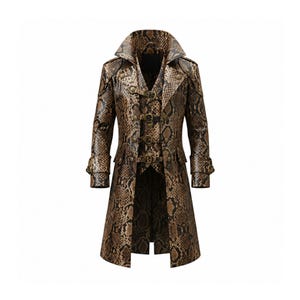 May include: A long coat featuring a brown and black snakeskin pattern. The garment includes a wide collar, shoulder epaulets, and a front closure secured by four horizontal straps with bronze-toned metal buckles and matching circular buttons.