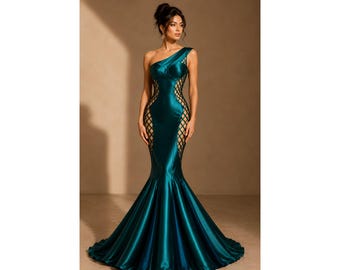 Teal Mermaid Evening Gown, One Shoulder Satin Formal Dress, Corset Prom Gown, Illusion Cutout Gala Dress, Luxury Pageant Outfit