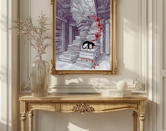 Minimalist Dark Academia Library Wall Art: Dark Romance Reading Nook