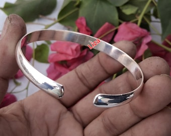 Solid Silver Bangle Bracelet, Sterling Adjustable Half Round Cuff Bracelets.