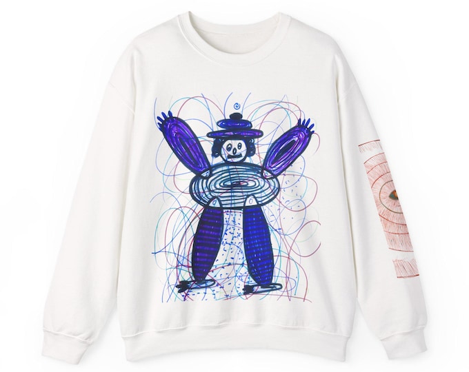 Whimsical Scribble Character Crewneck Sweatshirt | Sketchy Cartoon Print