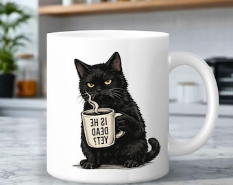 Taza de gato negro "¿Ya está muerto?", humor negro, liberal