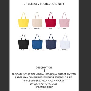 Puede incluir: Ocho bolsos tote con cremallera en varios colores: amarillo, natural, rojo, rosa, negro, azul real, marino y blanco. Cada bolso tiene un compartimento principal grande, un cierre de cremallera y un bolsillo con solapa con cremallera. Las asas miden 63,5 cm.