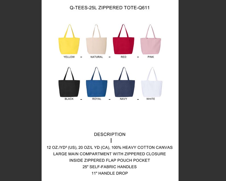 Puede incluir: Ocho bolsos tote con cremallera en varios colores: amarillo, natural, rojo, rosa, negro, azul real, marino y blanco. Cada bolso tiene un compartimento principal grande, un cierre de cremallera y un bolsillo con solapa con cremallera. Las asas miden 63,5 cm.