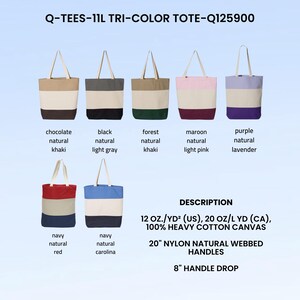 Puede incluir: Bolsas de mano tricolor en varias combinaciones de colores, incluyendo chocolate, negro, verde bosque, granate, morado, azul marino y azul carolina. Cada bolsa presenta una secci&oacute;n central de color natural y una base contrastante. Las bolsas tienen asas de nailon de 50,8 cm.
