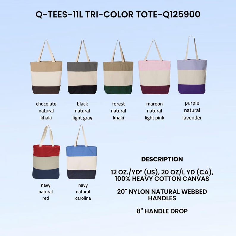 Puede incluir: Bolsas de mano tricolor en varias combinaciones de colores, incluyendo chocolate, negro, verde bosque, granate, morado, azul marino y azul carolina. Cada bolsa presenta una secci&oacute;n central de color natural y una base contrastante. Las bolsas tienen asas de nailon de 50,8 cm.