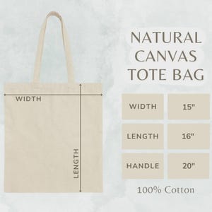 Puede incluir: Un bolso tote de lona natural con dimensiones. El bolso mide 38 cm de ancho, 41 cm de largo y tiene asas de 51 cm. Se muestra el texto "NATURAL CANVAS TOTE BAG", junto con "100% Cotton".