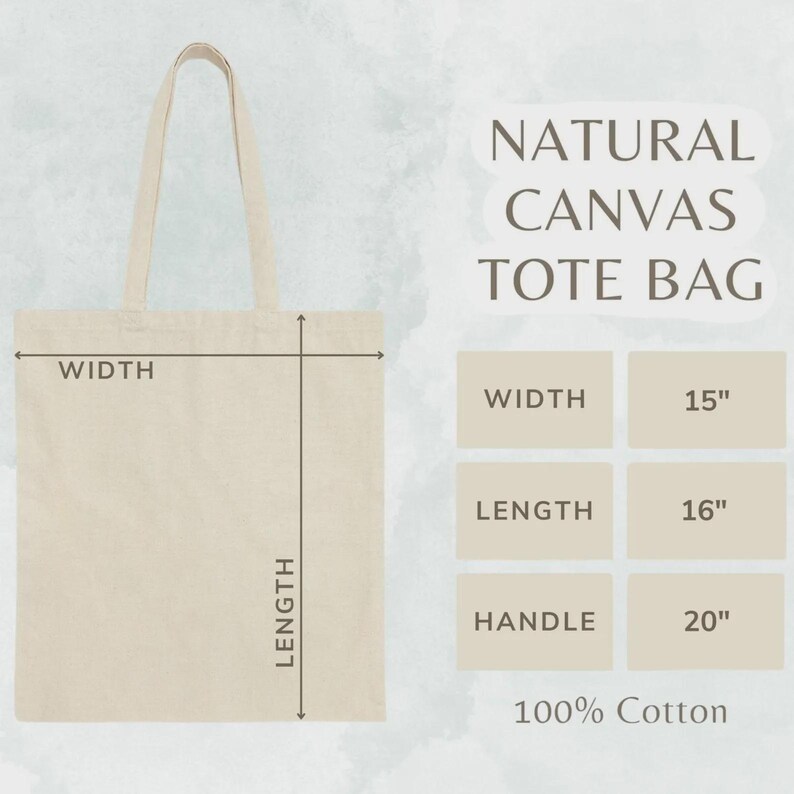 Puede incluir: Un bolso tote de lona natural con dimensiones. El bolso mide 38 cm de ancho, 41 cm de largo y tiene asas de 51 cm. Se muestra el texto "NATURAL CANVAS TOTE BAG", junto con "100% Cotton".