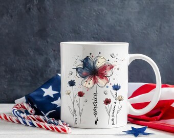 Taza del 4 de julio, Taza patriótica del 250 aniversario de Estados Unidos, Taza floral estadounidense, Taza de café del Día de la Independencia, Taza floral roja, blanca y azul, Regalo del 4 de julio