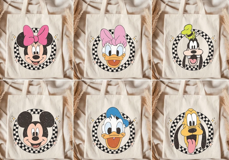 May include: Six beige tote bags featuring Disney characters. Each bag has a circular design with a black and white checkered border. Characters include Minnie Mouse, Daisy Duck, Goofy, Mickey Mouse, Donald Duck, and Pluto.