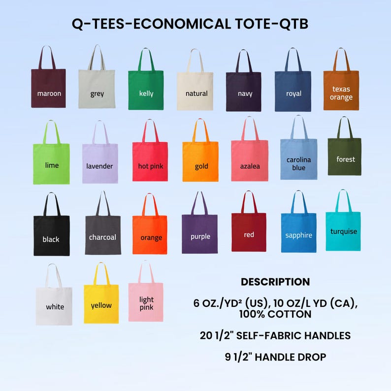 Puede incluir: Una colecci&oacute;n de bolsas de mano en varios colores, como granate, gris y azul marino. Las bolsas est&aacute;n etiquetadas con sus respectivos colores y tienen asas de tela. El texto "Q-TEES-ECONOMICAL TOTE-QTB" est&aacute; en la parte superior. La descripci&oacute;n incluye el texto: 6 OZ./YD&sup2; (US), 10 OZ/L YD (CA), 100% ALGOD&Oacute;N, 20 1/2" ASAS DE TELA, 9 1/2" CA&Iacute;DA DEL ASA.