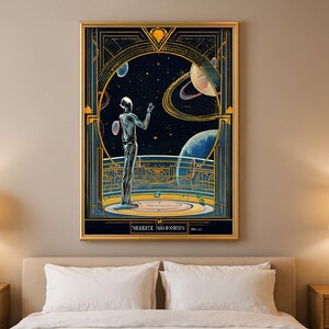 May include: Art Deco style framed print featuring a figure gazing at planets and stars. The artwork has a gold frame and a dark blue background with celestial bodies. The figure is in a silver suit, standing on a circular platform.