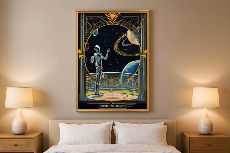 May include: Art Deco style framed print featuring a figure gazing at planets and stars. The artwork has a gold frame and a dark blue background with celestial bodies. The figure is in a silver suit, standing on a circular platform.