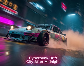 Cyberpunk Art, Characters – Neon Drift Car, Love of the Road, Portrait Poster, Futuristic Sci-Fi Wall Art Print, Digital Download