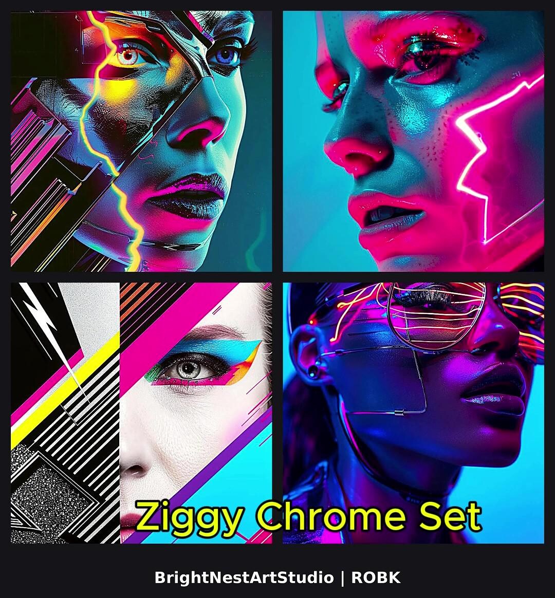 4 Neon Cyberpunk Portrait Print Set – Futuristic AI Art (digital ...