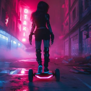 May include: A person on a neon-lit electric skateboard in a futuristic city scene. The skateboard has a glowing pink undercarriage. The background features buildings with neon signs and a pink and blue color scheme, creating a cyberpunk aesthetic.
