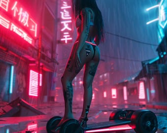 1 Cyberpunk Art, Characters – Neon Goth Hover Girl, Love Portrait Poster, Futuristic Sci-Fi Wall Art Print