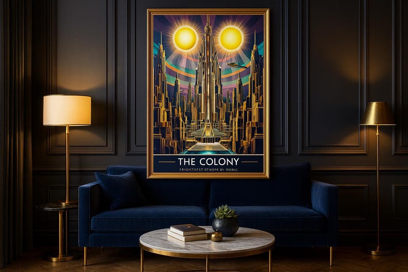 May include: A framed art print titled "The Colony" depicts a futuristic city with two suns. The artwork features gold, blue, and purple hues, and is displayed above a blue velvet sofa. A gold floor lamp and a side table with a lamp are also visible.