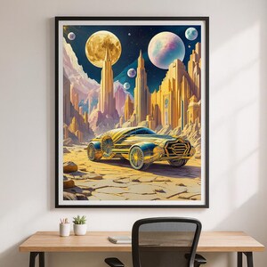 May include: Framed art print featuring a futuristic car in a surreal landscape. The car is gold and blue, set against a backdrop of towering structures and celestial bodies. The color palette includes yellows, blues, and purples, creating a vibrant, otherworldly scene.